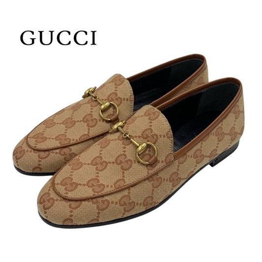 Gucci Loafer Leather Shoes Fabric Leather Brown Unused Flat Shoes Horsebit