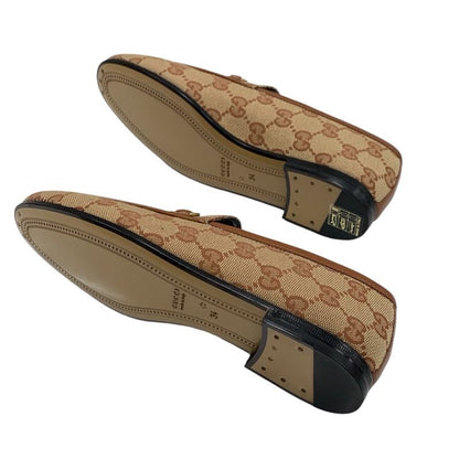 Gucci Loafer Leather Shoes Fabric Leather Brown Unused Flat Shoes Horsebit