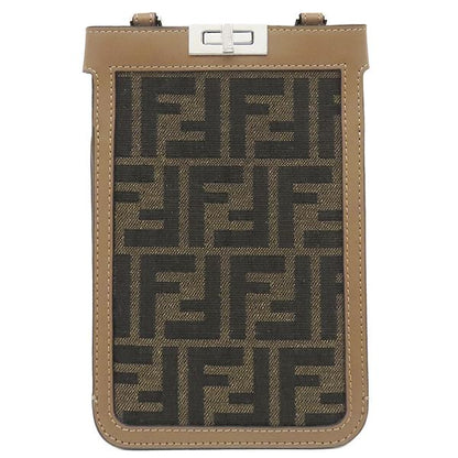 Fendi Shoulder Bag Peekaboo Phone Case Fabric Leather Brown Silver Hardware