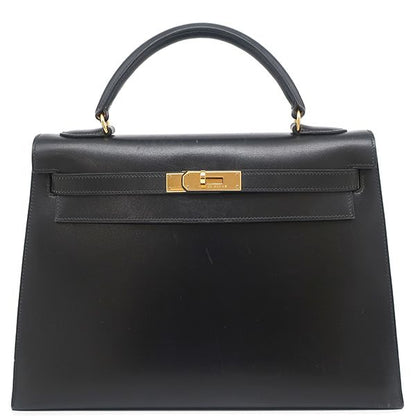 Hermes 2way Bag Kelly 32 Outer Stitch Box Calf Black Gold Hardware Black