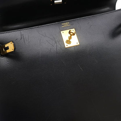 Hermes 2way Bag Kelly 32 Outer Stitch Box Calf Black Gold Hardware Black