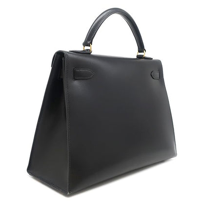 Hermes 2way Bag Kelly 32 Outer Stitch Box Calf Black Gold Hardware Black