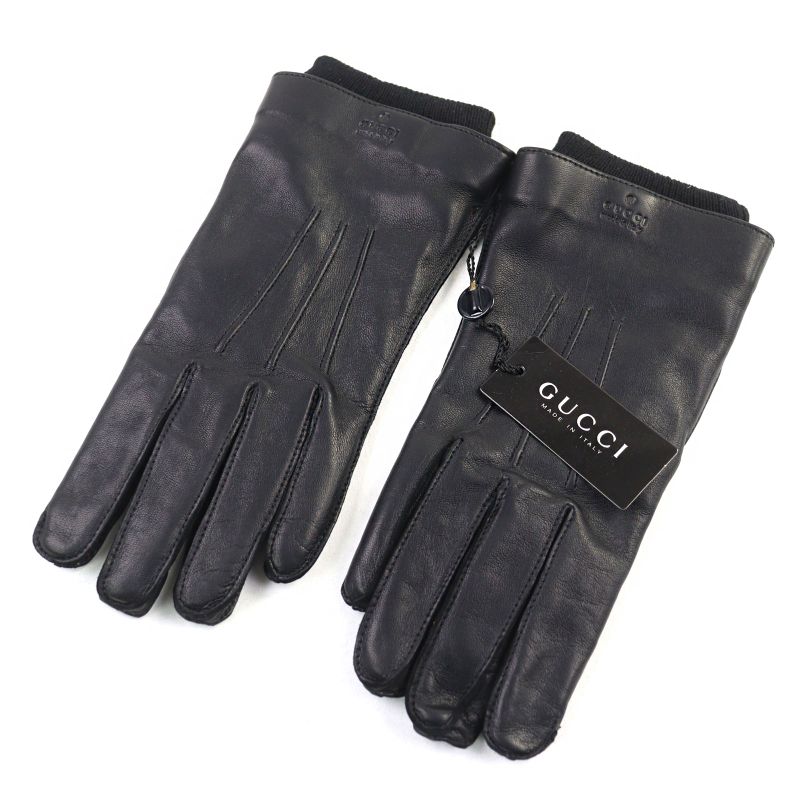 Gucci Leather Lined 100% Cashmere Logo Engraved Gloves Black 9.5 With Box Made