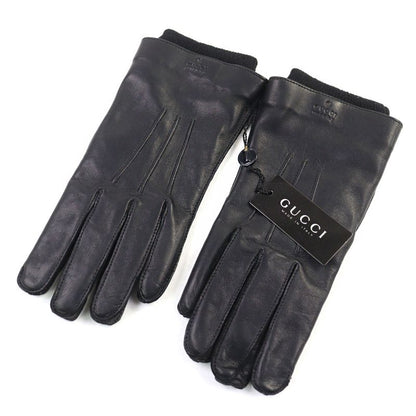 Gucci Leather Lined 100% Cashmere Logo Engraved Gloves Black 9.5 With Box Made