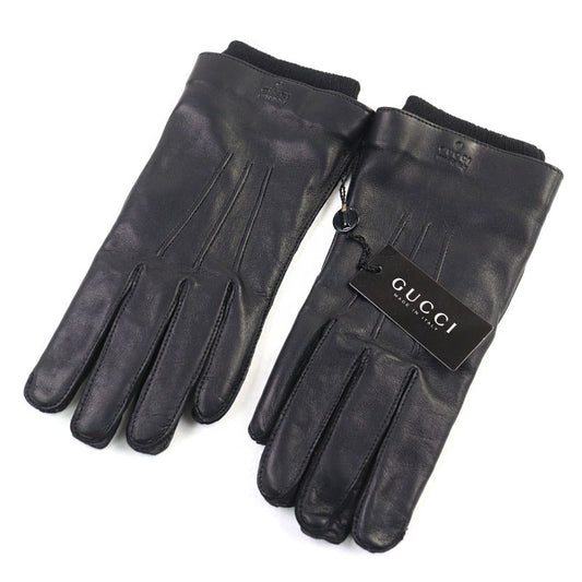 Gucci Leather Lined 100% Cashmere Logo Engraved Gloves Black 9.5 With Box Made