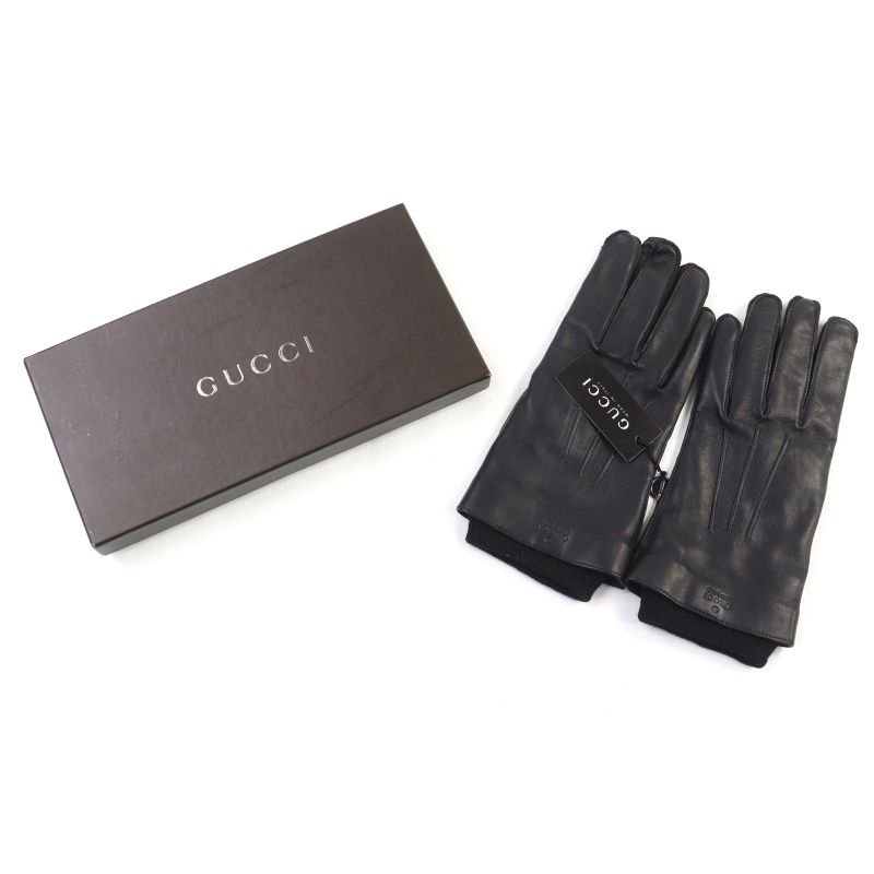 Gucci Leather Lined 100% Cashmere Logo Engraved Gloves Black 9.5 With Box Made
