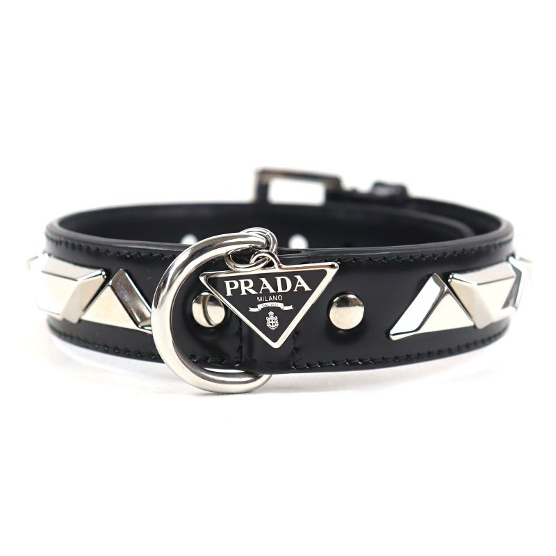 Prada 2yc022 Leather Triangle Logo Pet Collar Black Silver M With Box And