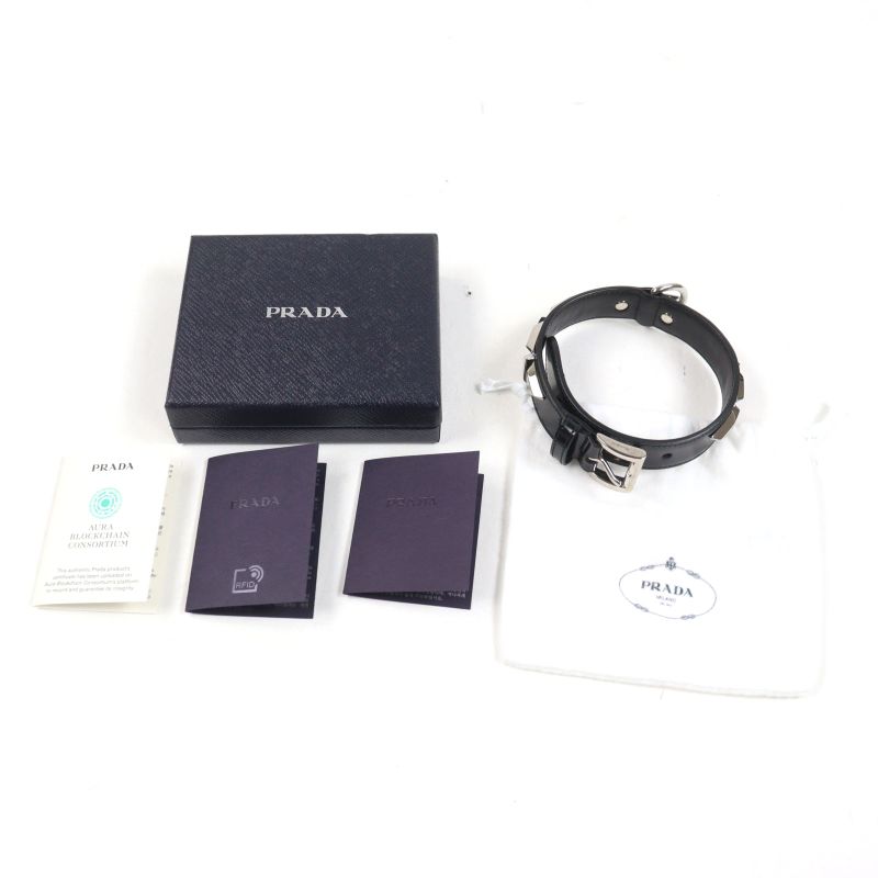 Prada 2yc022 Leather Triangle Logo Pet Collar Black Silver M With Box And
