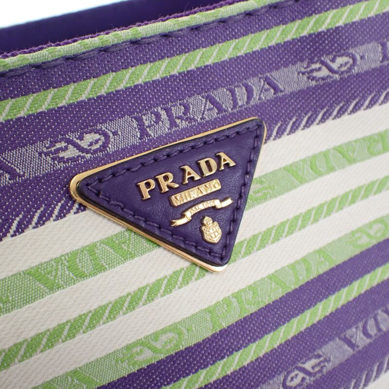 Prada Canapa Tote Striped 1bg439 2WAY Bag Shoulder Bag Canvas Purple Green Gold