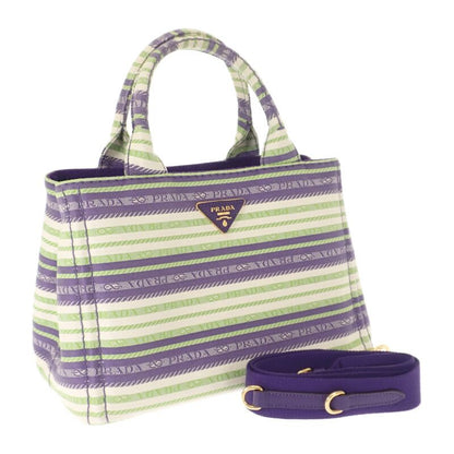 Prada Canapa Tote Striped 1bg439 2WAY Bag Shoulder Bag Canvas Purple Green Gold