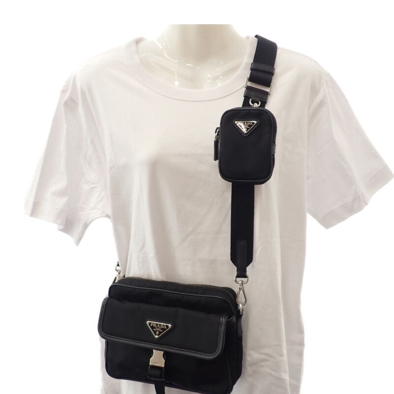 Prada Re-nylon 2vh133 Shoulder Bag Nylon Saffiano Black Silver Hardware Ladies