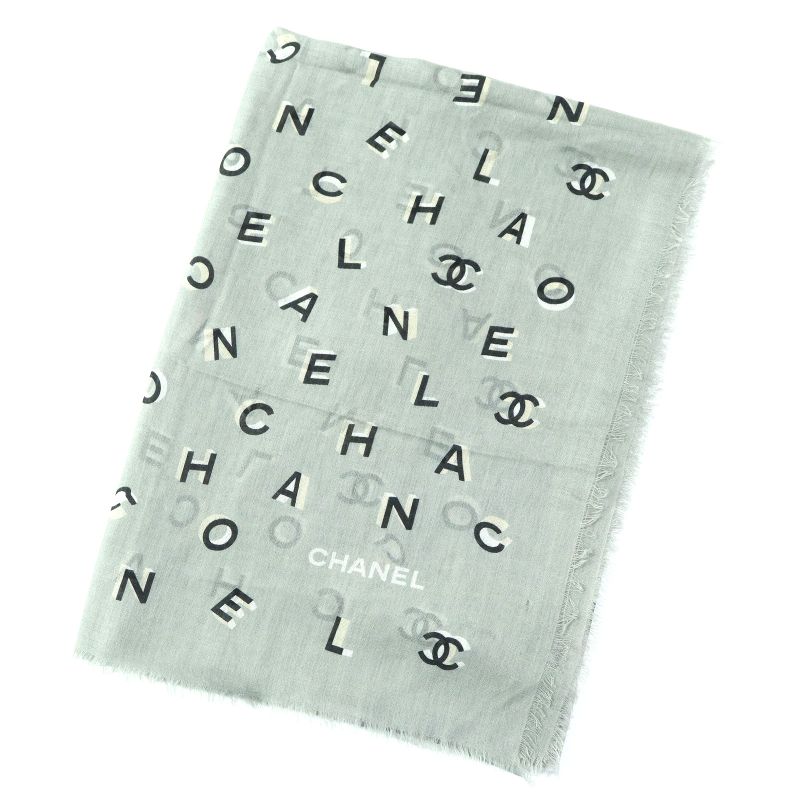 CHANEL 2021 21B Coco Mark Logo Allover Cashmere Silk Scarf Shawl Grayish Made