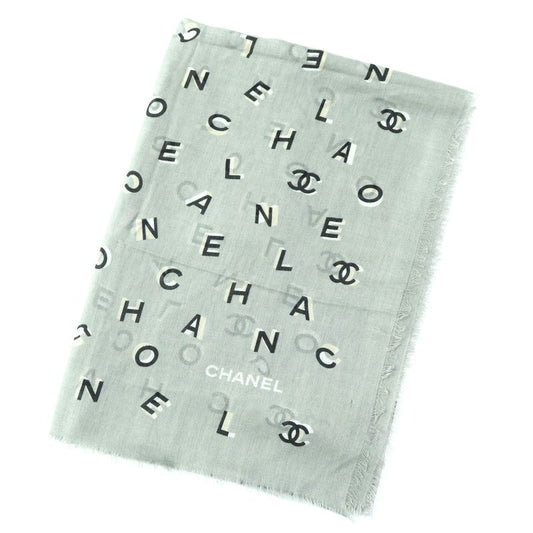 CHANEL 2021 21B Coco Mark Logo Allover Cashmere Silk Scarf Shawl Grayish Made