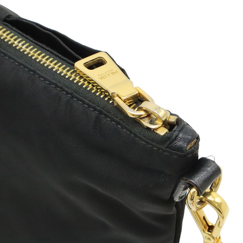 Prada Ribbon Motif Shoulder Bag Pochette Crossbody Nylon Leather NERO Black