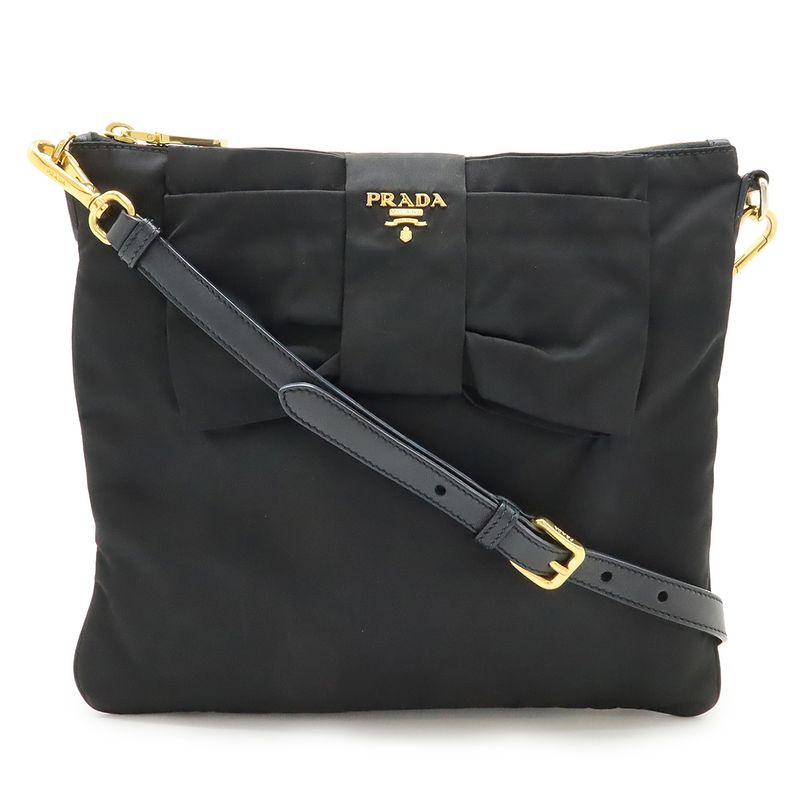 Prada Ribbon Motif Shoulder Bag Pochette Crossbody Nylon Leather NERO Black