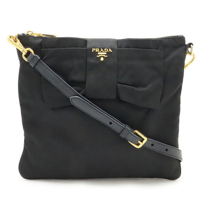 Prada Ribbon Motif Shoulder Bag Pochette Crossbody Nylon Leather NERO Black