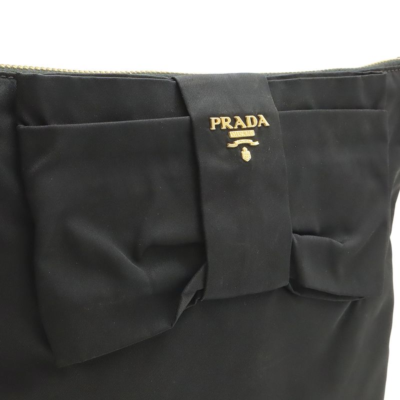 Prada Ribbon Motif Shoulder Bag Pochette Crossbody Nylon Leather NERO Black