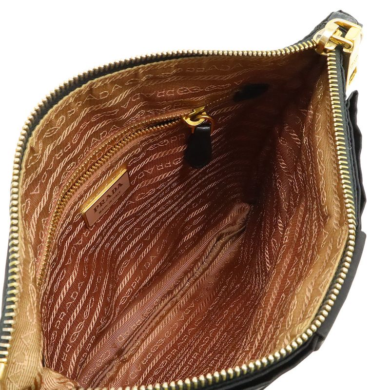 Prada Ribbon Motif Shoulder Bag Pochette Crossbody Nylon Leather NERO Black