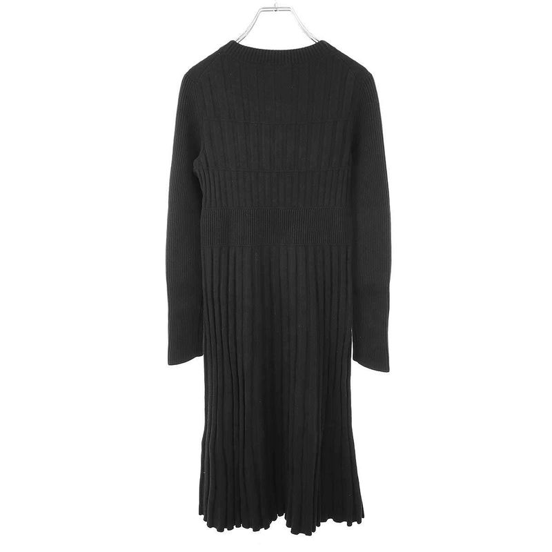 Chanel Ribbed Pleated Wool Knit Dress P59747k07800 Black 36
