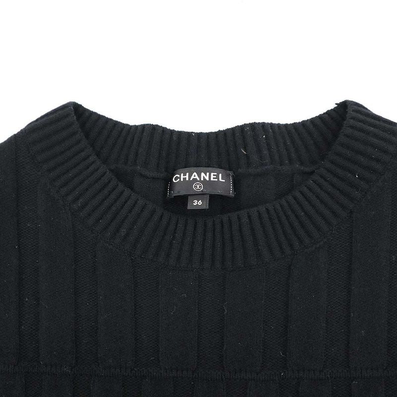 Chanel Ribbed Pleated Wool Knit Dress P59747k07800 Black 36