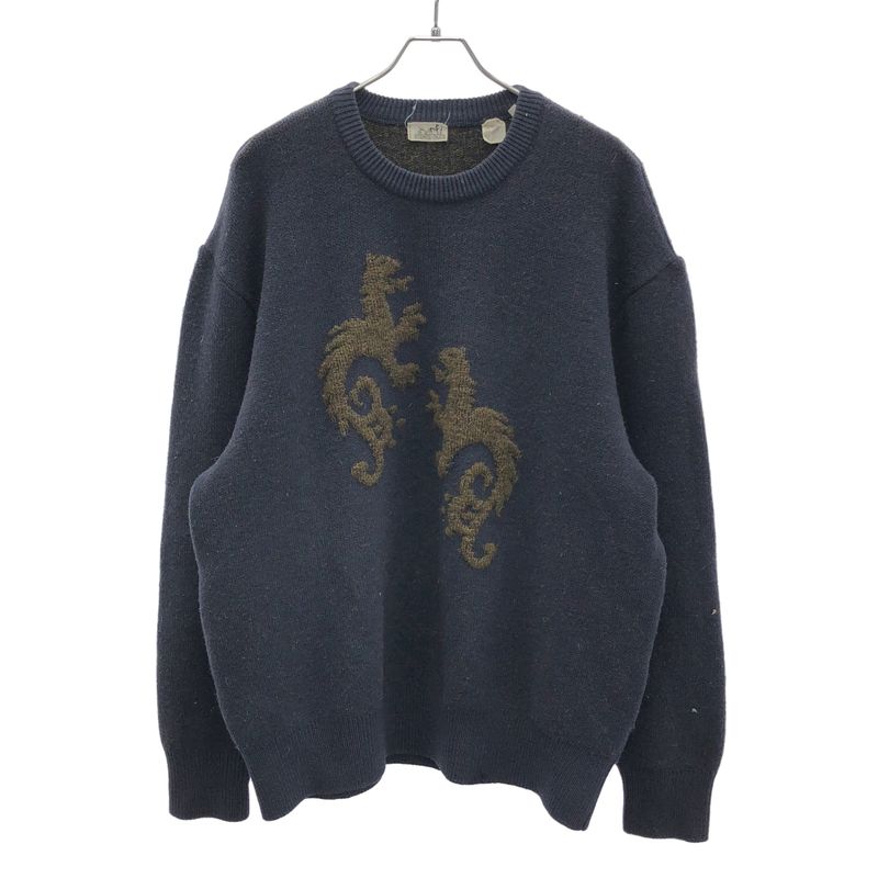 Hermes 1980's Alpaca Wool Knit Sweater Navy M