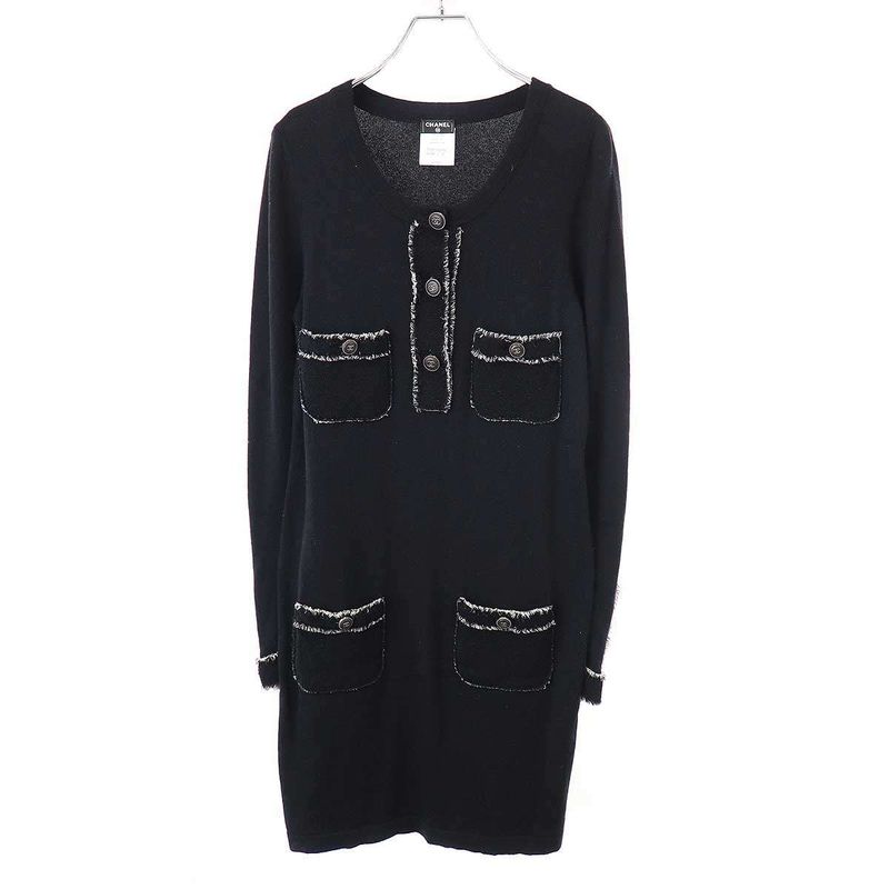Chanel Coco Mark Button Tweed Fringe Cashmere Knit Dress P42061w04956 Black 38