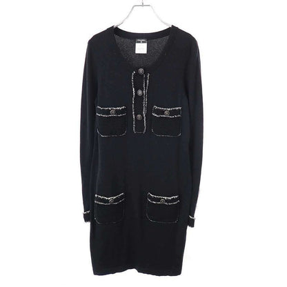 Chanel Coco Mark Button Tweed Fringe Cashmere Knit Dress P42061w04956 Black 38