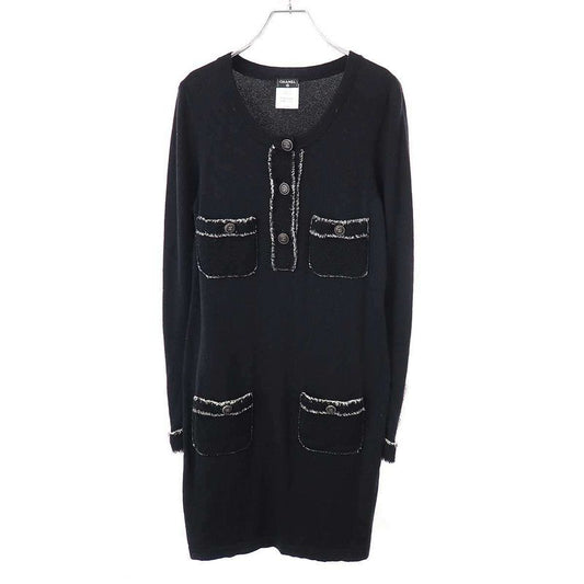 Chanel Coco Mark Button Tweed Fringe Cashmere Knit Dress P42061w04956 Black 38