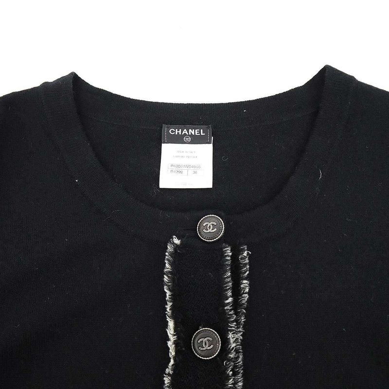 Chanel Coco Mark Button Tweed Fringe Cashmere Knit Dress P42061w04956 Black 38