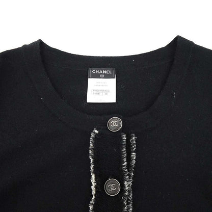 Chanel Coco Mark Button Tweed Fringe Cashmere Knit Dress P42061w04956 Black 38
