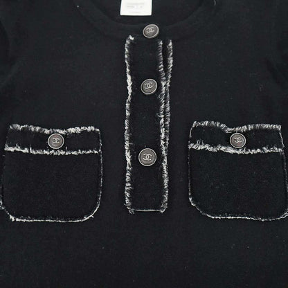 Chanel Coco Mark Button Tweed Fringe Cashmere Knit Dress P42061w04956 Black 38