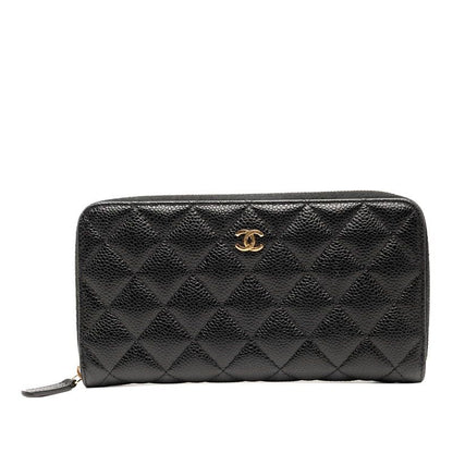 Chanel Matelasse Coco Mark Long Wallet Round Zipper Black Gold Hardware Caviar