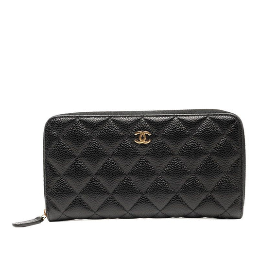 Chanel Matelasse Coco Mark Long Wallet Round Zipper Black Gold Hardware Caviar