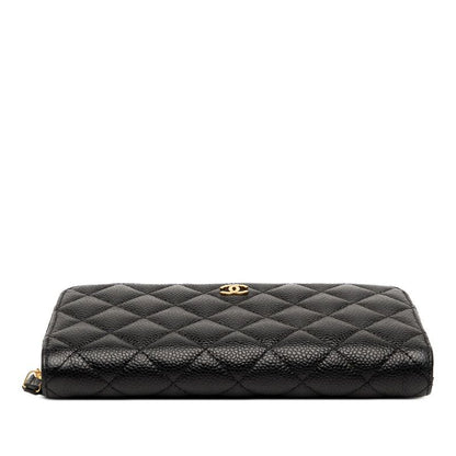 Chanel Matelasse Coco Mark Long Wallet Round Zipper Black Gold Hardware Caviar