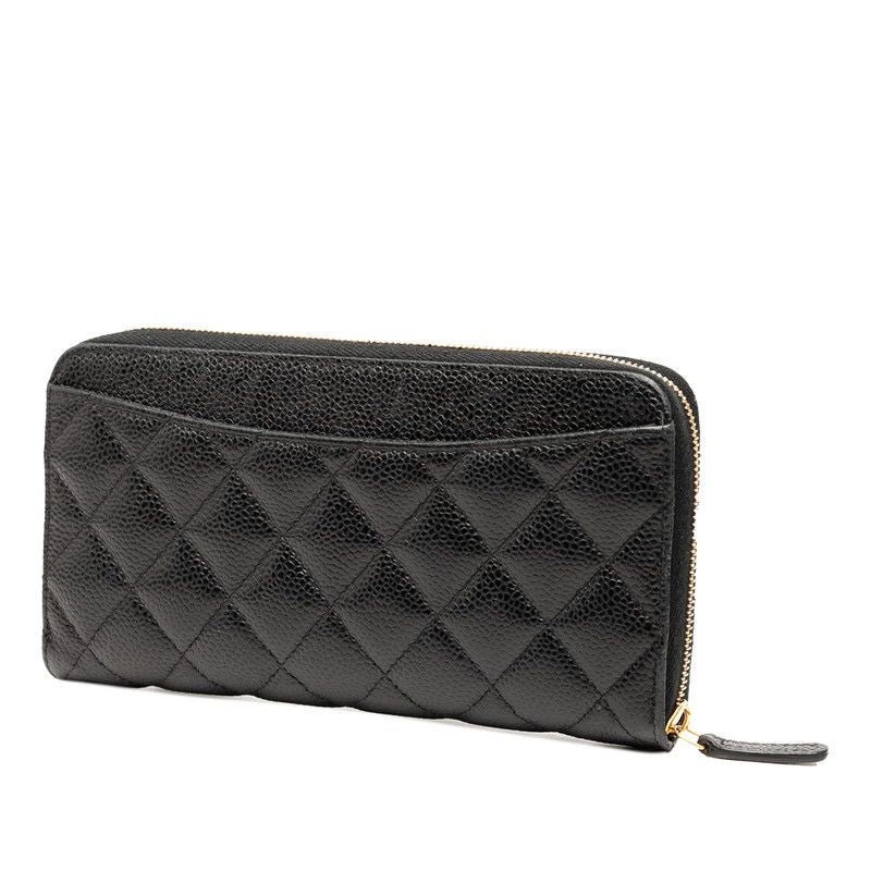 Chanel Matelasse Coco Mark Long Wallet Round Zipper Black Gold Hardware Caviar