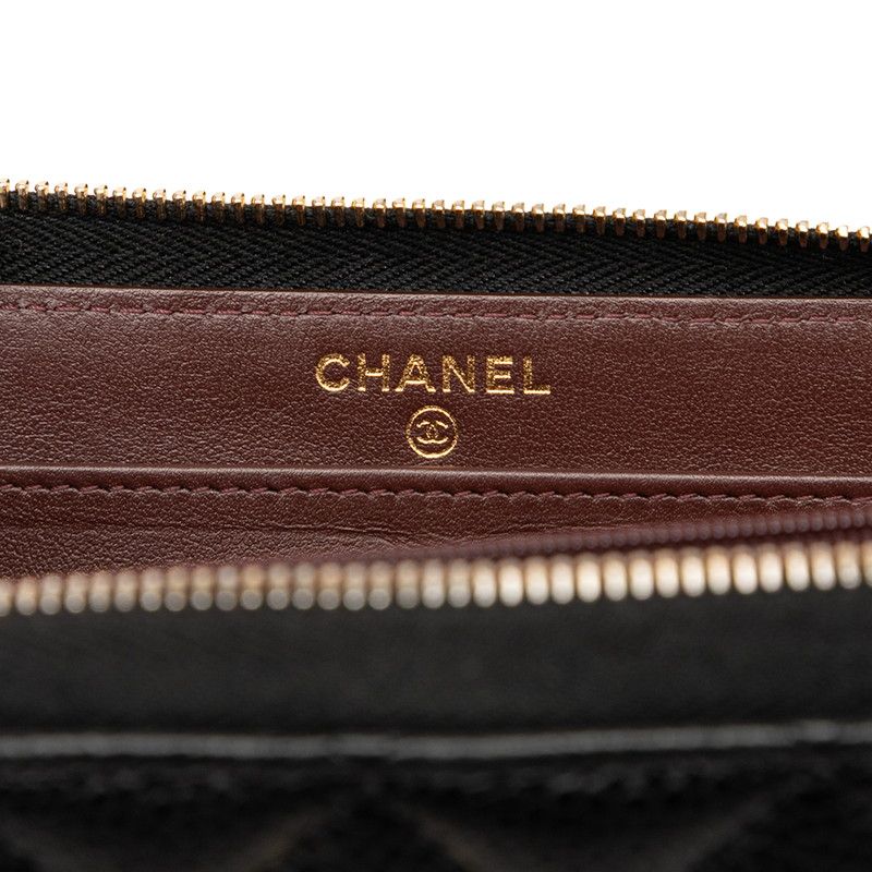 Chanel Matelasse Coco Mark Long Wallet Round Zipper Black Gold Hardware Caviar