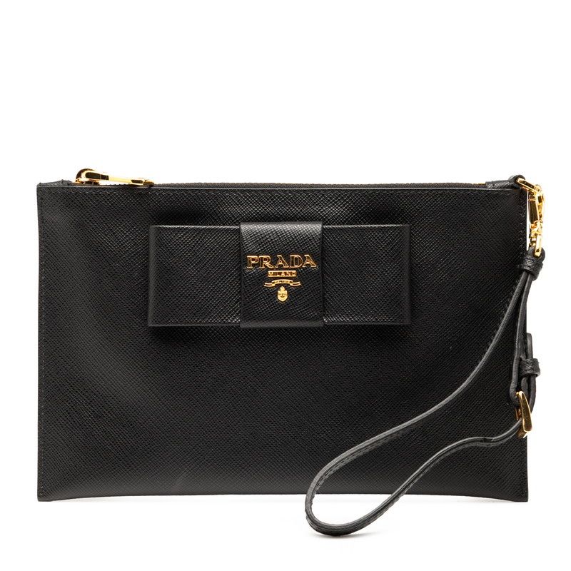 Prada Ribbon Clutch Bag Wristlet Pouch 1nh001 Black Leather Women Prada