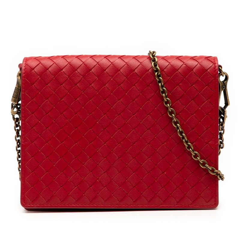 Bottega Veneta Intrecciato Chain Shoulder Bag Wallet Bag Red Leather Women