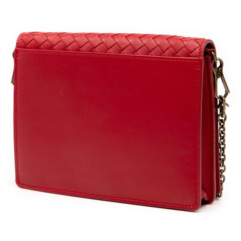 Bottega Veneta Intrecciato Chain Shoulder Bag Wallet Bag Red Leather Women