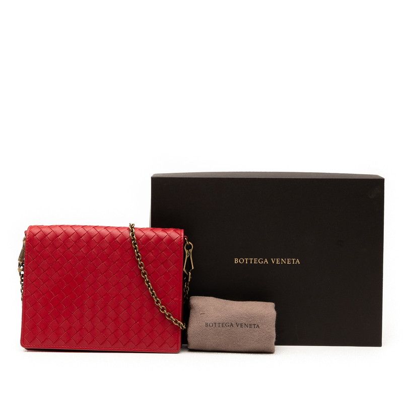 Bottega Veneta Intrecciato Chain Shoulder Bag Wallet Bag Red Leather Women