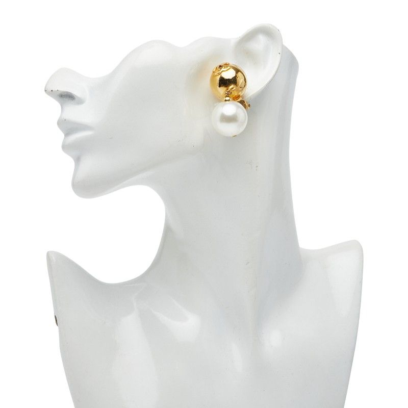 Chanel Vintage Coco Mark Earring Swing Gold Plated Faux Pearl Ladies Chanel