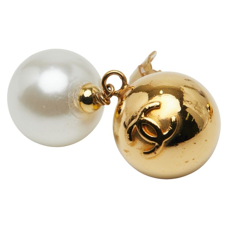 Chanel Vintage Coco Mark Earring Swing Gold Plated Faux Pearl Ladies Chanel