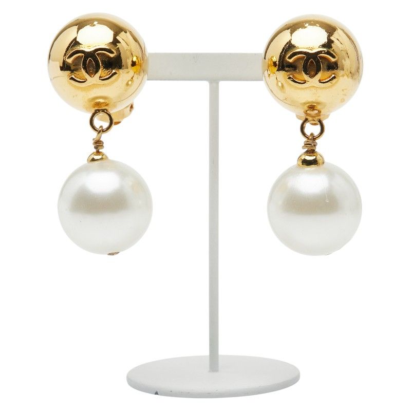 Chanel Vintage Coco Mark Earring Swing Gold Plated Faux Pearl Ladies Chanel