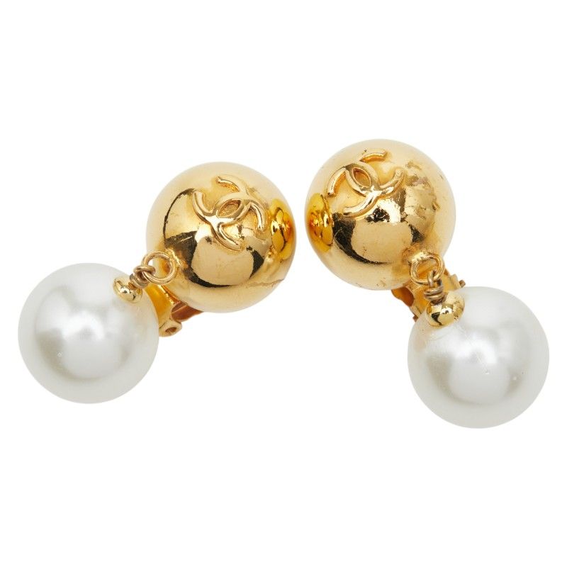Chanel Vintage Coco Mark Earring Swing Gold Plated Faux Pearl Ladies Chanel
