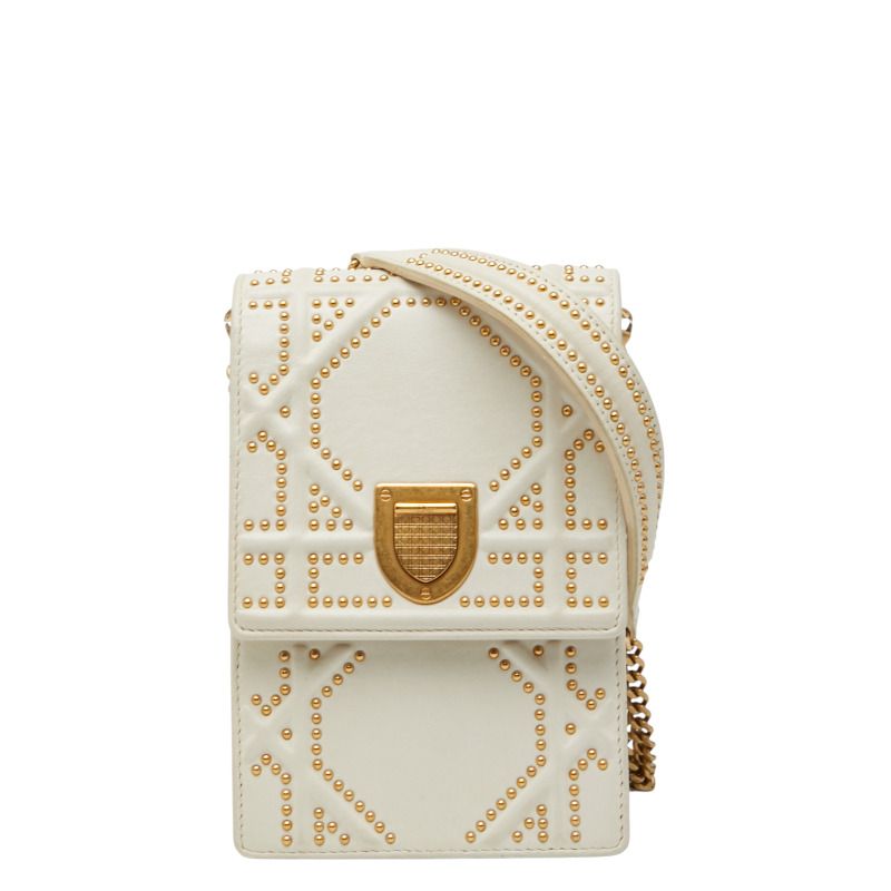 Diorama Studded Chain Shoulder Bag White Ivory Gold Leather Women's Dior