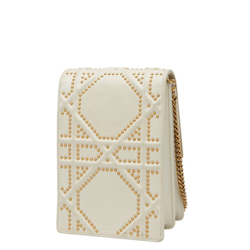 Diorama Studded Chain Shoulder Bag White Ivory Gold Leather Women's Dior