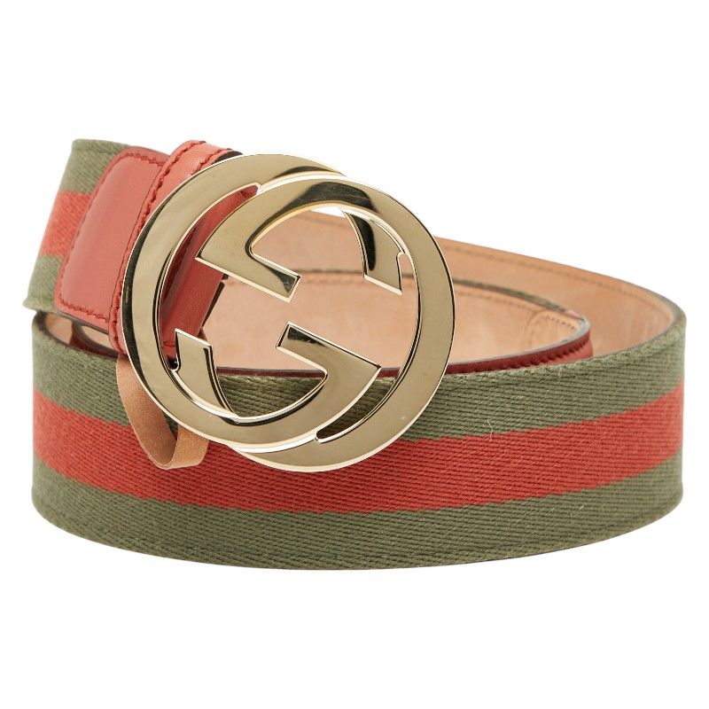 Gucci Interlocking G Belt 8534 114876 Khaki Pink Leather Canvas Men's Gucci