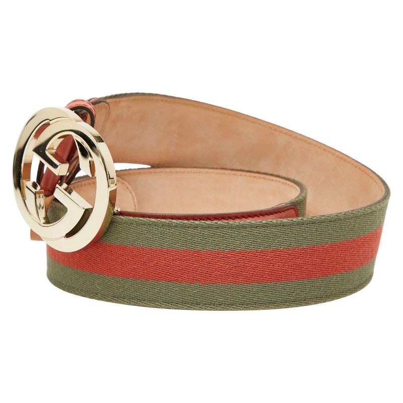 Gucci Interlocking G Belt 8534 114876 Khaki Pink Leather Canvas Men's Gucci