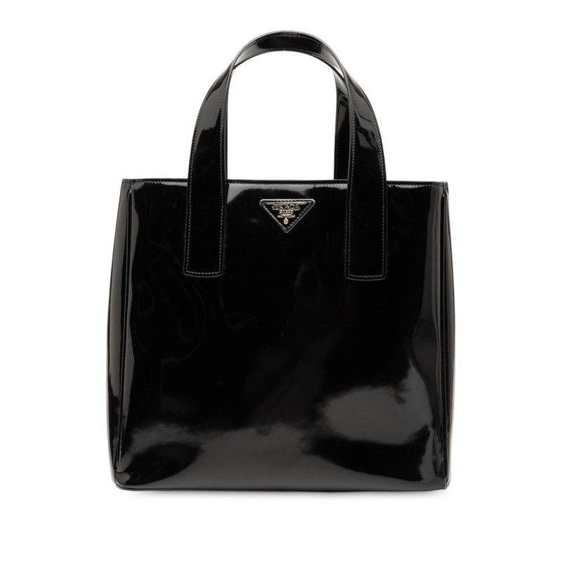 Prada Triangle Logo Plate Handbag Tote Bag Black Patent Leather Women Prada