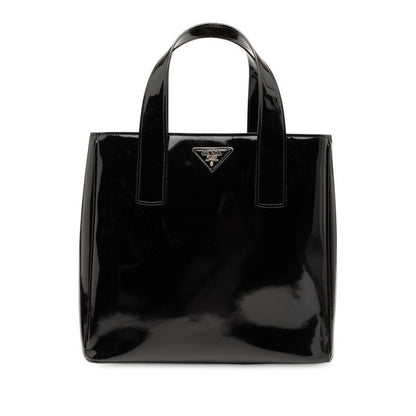 Prada Triangle Logo Plate Handbag Tote Bag Black Patent Leather Women Prada
